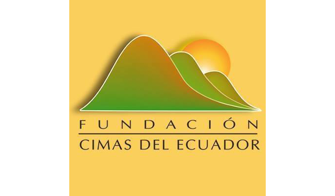 Logo with green mountains and a sunrise on a bright yellow background. "Fundacion Cimas del Ecuador" reads at the bottom