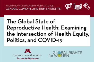 graphic with maroon and blue with the title of the event: The Global State of Reproductive Health: Examining the Intersection of Health Equity, Politics, and COVID-19