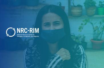 Woman with a mask, with a blue overlay and NRC-RIM logo