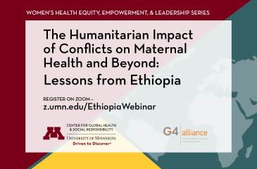 Graphic with webinar title: The Humanitarian Impact of Conflicts on Maternal Health and Beyond: Lessons from Ethiopia