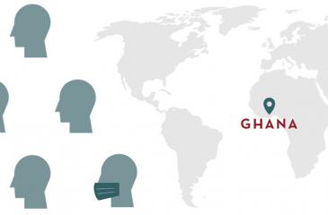 World map with location pin on Ghana. Simple line art of faces wearing masks to the left of the map