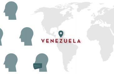 World map with location pin on Venezuela. Simple line art of faces wearing masks to the left of the map