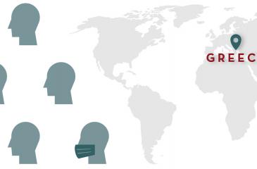 World map with location pin on Greece. Simple line art of faces wearing masks to the left of the map