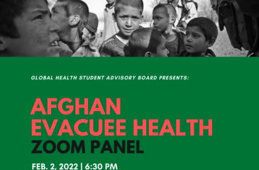 Cover graphic for the event. Includes a photo of Afghan children at the top, and text "Afghan Evacuee Health Zoom Panel" at the bottom in green.