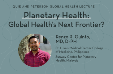 Graphic with teal background and the text "Planetary Health: Global Health’s Next Frontier?" and a photo of Dr Renzo Guinto