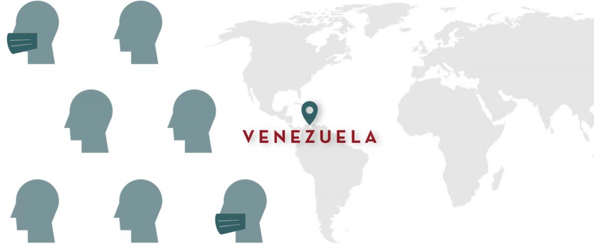 World map with location pin on Venezuela. Simple line art of faces wearing masks to the left of the map