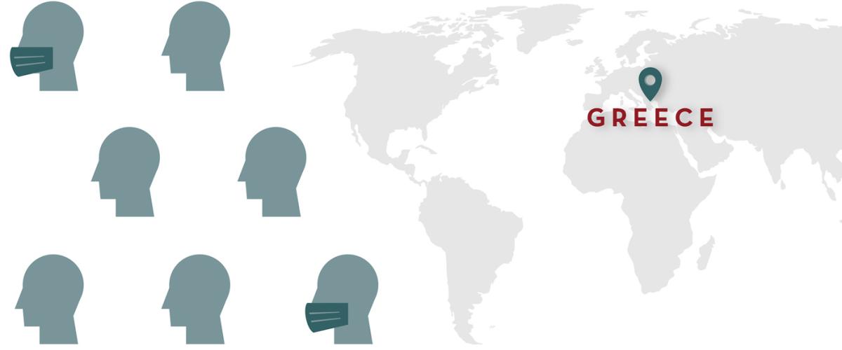 World map with location pin on Greece. Simple line art of faces wearing masks to the left of the map