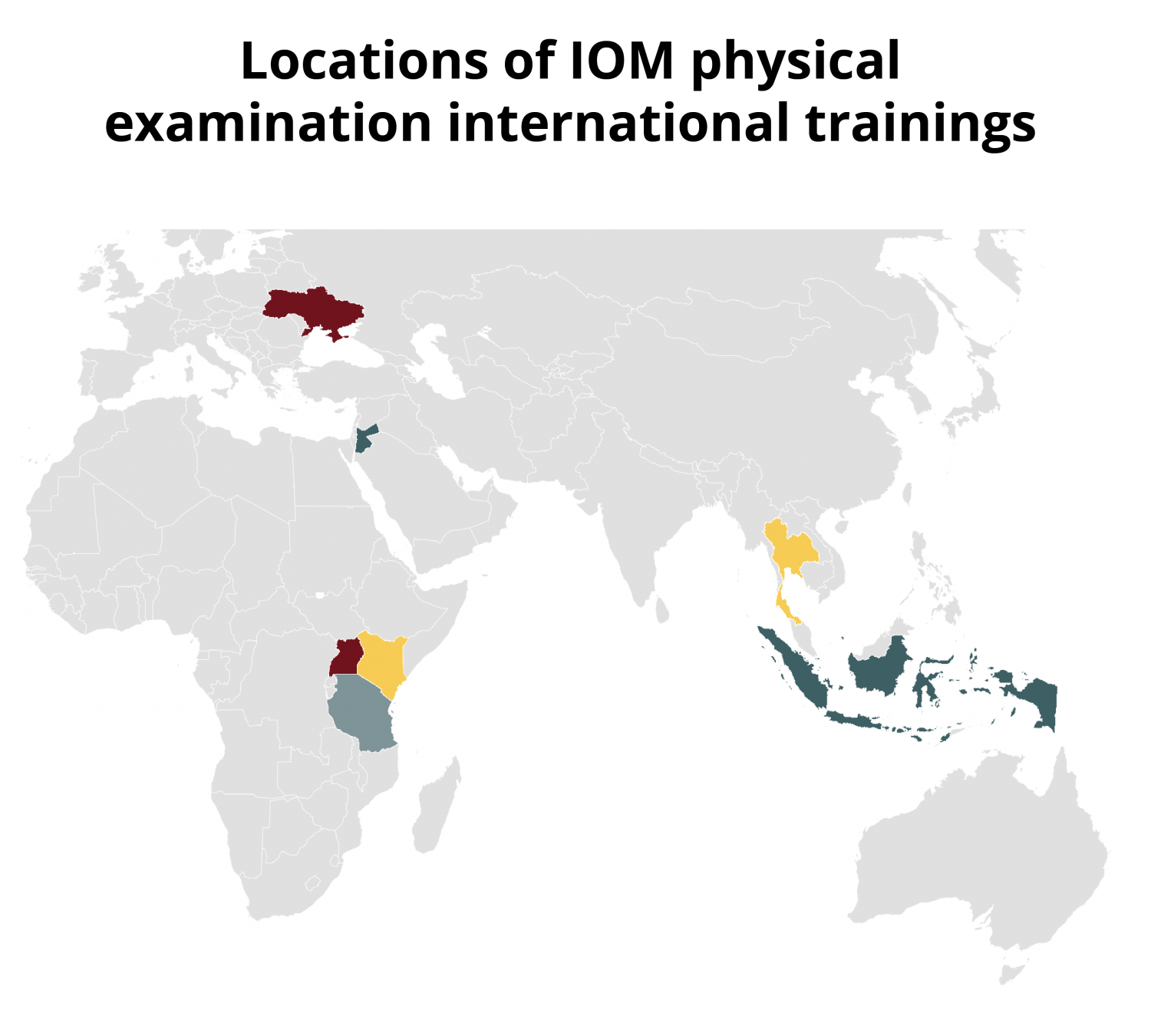 Map labeled Locations of IOM physical examination trainings. Locations include Uganda, Kenya, Ukraine, Thailand, and Indonesia.