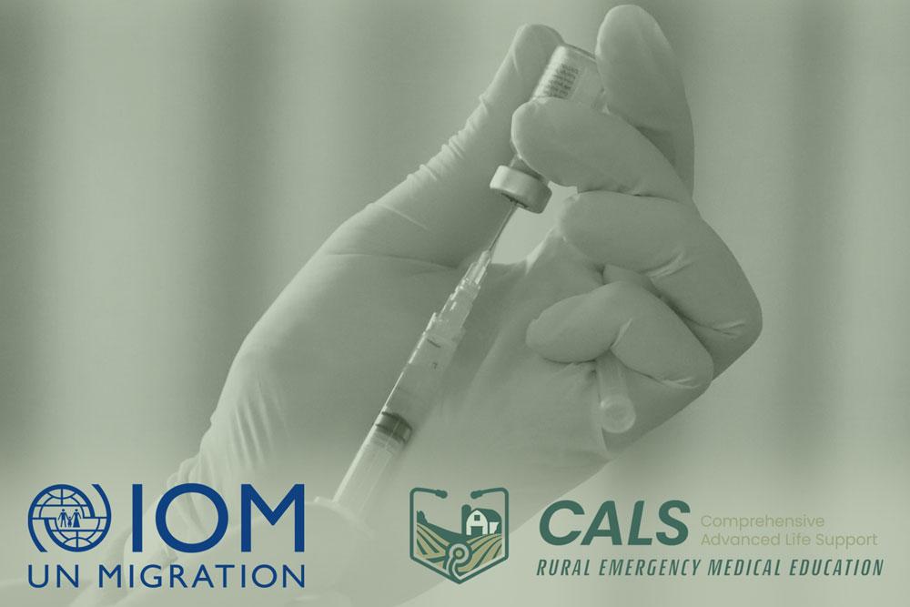 Gloved hand holding a syringe with the IOM logo and CALS logo overlaid
