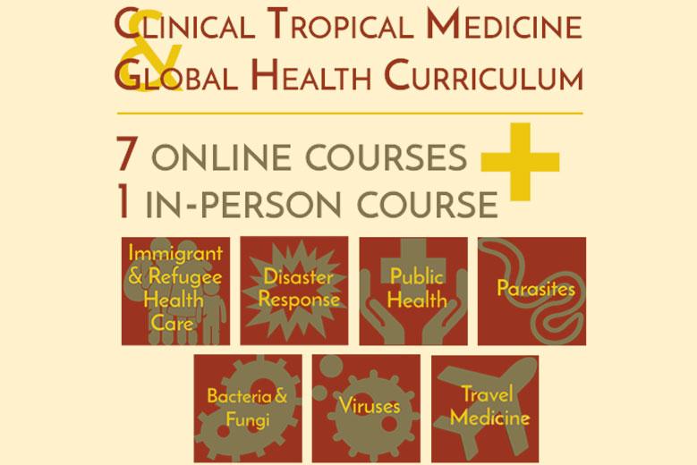 Yellow background with text "Clinical Tropical Medicine & Global Health Curriculum". Below there is text that reads "7 online courses + 1 in-person course." 