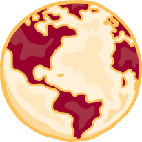 A globe cartoon in maroon and gold.