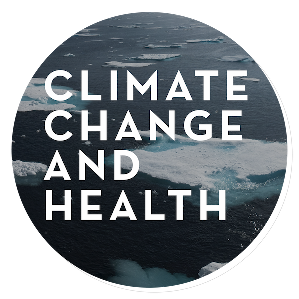 Climate Change and Health written over an image of floating ice