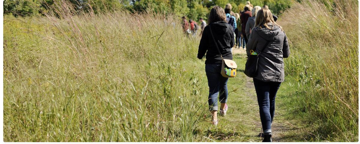 A group of course participants walks through a path lined by tall grass