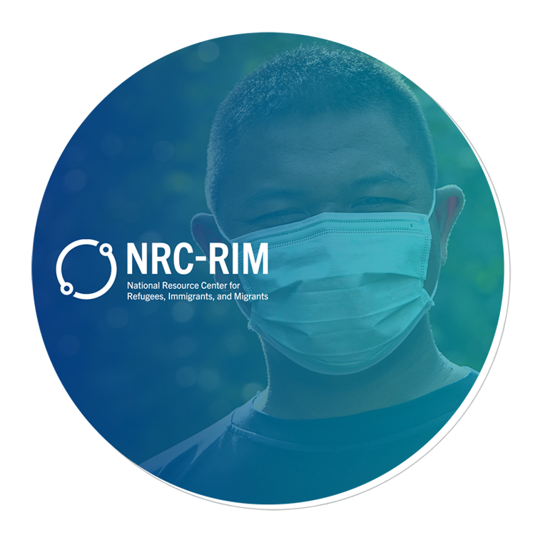 Man wearing a mask smiles at the camera. It is overlayed with a teal gradient and the NRC-RIM logo.