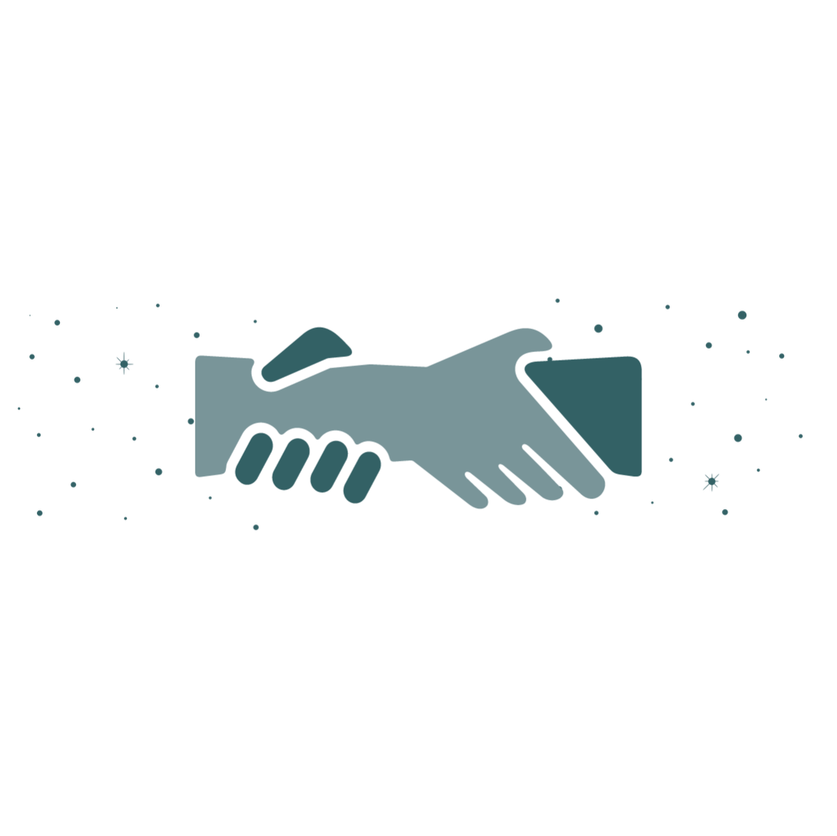 Line art image of two hands clasped in front of a background of stars